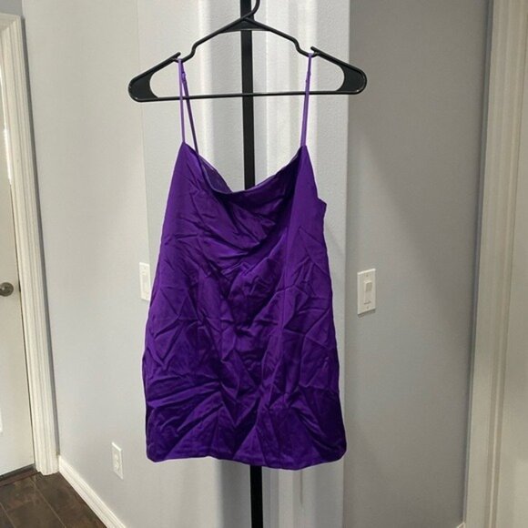 Retrofete Janessa Purple Satin Spaghetti Strap Mini Dress Size Large Square Neck - Picture 2 of 7